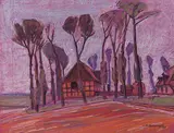 Peter August Böckstiegel, Ohne Titel (Dorfstraße mit Bäumen und Häusern), 1939, Pastel