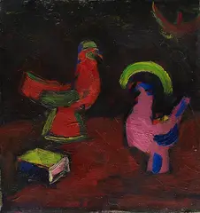Hermann Stenner, Stillleben mit Tierfiguren und einem Buch (Hahn, Henne und Schachtel), 1913, Oil on cardboard
