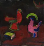 Hermann Stenner, Stillleben mit Tierfiguren und einem Buch (Hahn, Henne und Schachtel), 1913, Oil on cardboard