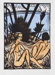 Erich Heckel, Zwei Sitzende am Strand, 1923, Woodcut