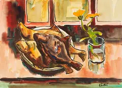 Karl Schmidt-Rottluff, Räucherflundern und Sommerblume, 1939, Watercolor
