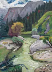 Gabriele Münter, Gebirgsbach, 1920, Oil on cardboard