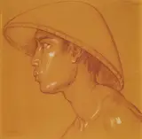 Bonnet Rudolf, Portrait of a Balinese youth. 1956, Red chalk drawing, highlighted in white, on paper. Signed lower left: R. Bonnet Bali 1956; further inscription upper right. Framed and glazed, artist frame