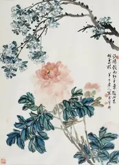 Chen Banding, Peonies. 20th century, Ink and colours on paper. Inscription, signed Banding Laoren. Four seals: Shangyin Banding, Banshou, Banding bashi hou suozuo and one unread. Framed and glazed