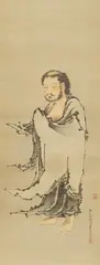 Kanō Sadanobu, Shussan Shaka (Buddha descending from the mountains). Edo period (1603-1868), 19th century, Hanging scroll. Shussan Shaka (Buddha descending from the mountains). Ink and few colours on silk. Signed Taizan’in Gunaikyō hōgen Gyokuraku Sadanobu, sealed Taizan’in and Tennō gyoken. Wooden box, inscribed on the lid: Shussan Shaka to Gyokuraku hōgen Kano Sadanobu hitsu; on the inside of the lid: Ka’ei 3rd year (1850) kanoe-inu haru shōgatsu shirusu kore