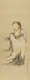 Kanō Sadanobu, Shussan Shaka (Buddha descending from the mountains). Edo period (1603-1868), 19th century, Hanging scroll. Shussan Shaka (Buddha descending from the mountains). Ink and few colours on silk. Signed Taizan’in Gunaikyō hōgen Gyokuraku Sadanobu, sealed Taizan’in and Tennō gyoken. Wooden box, inscribed on the lid: Shussan Shaka to Gyokuraku hōgen Kano Sadanobu hitsu; on the inside of the lid: Ka’ei 3rd year (1850) kanoe-inu haru shōgatsu shirusu kore