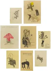 A rey muerto rey puesto. Impossible Mind. Der Pilzmann. Silla. Rabbit sado. Pacha mama y guerrero. Arbol Genealogico. Untitled by Sandra Vásquez de la Horra, 2005-2008, 8 works: pencil (6), pencil and watercolour (1), pencil and pastel (1) on waxed paper. From, sold Jun 2026