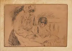 Max Liebermann, Wärterin mit Kind auf einer Gartenbank beim Bilderbuchbetrachten, Circa 1920, Original copper plate print, accompanied by a drypoint etching over a light preliminary etching on sturdy white vellum