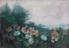 Karl Hagemeister, Seenlandschaft mit Mohnblumen, Circa 1900, Pastel chalk on canvas