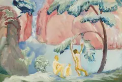 August Macke, Drei Knaben am Wasser. Verso: Weibliche Akte, Frauen am Tisch, 1912, Gouache on paper, pencil drawings verso