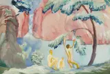 August Macke, Drei Knaben am Wasser. Verso: Weibliche Akte, Frauen am Tisch, 1912, Gouache on paper, pencil drawings verso