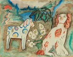 Gabriele Münter, Pferd und Hund vor rotem Haus am See, Circa 1916, Watercolour and India ink on paper