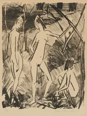 Otto Mueller, Zwei stehende und ein sitzendes Mädchen, 1922-1925, Lithograph on light copperprint paper