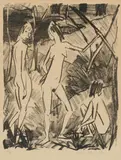 Otto Mueller, Zwei stehende und ein sitzendes Mädchen, 1922-1925, Lithograph on light copperprint paper
