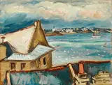Othon Friesz, Flussufer mit Häusern und Segelschiff, 1936, Oil on panel