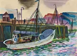 Conrad Felixmüller, Helgoland - Hafen - Fischkutter, 1924, Gouache and watercolour over pencil drawing on card