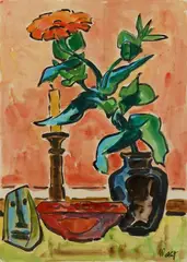 Zinnie in Vase by Karl Schmidt-Rottluff, 1960, Watercolour and India ink on watercolour laid paper. 69.8 x 49.5/, sold Jun 2026