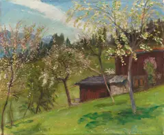 Otto Modersohn, Blütenbäume hinter Frau Windisch mit unserem Haus, 1933, Oil on canvas