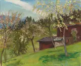 Otto Modersohn, Blütenbäume hinter Frau Windisch mit unserem Haus, 1933, Oil on canvas