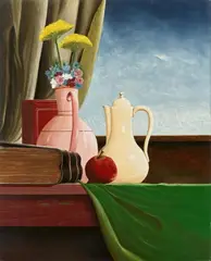 Franz Radziwill, Stillleben mit gelber Kanne und rosa Krug mit Blumen, 1949, Oil on canvas on panel