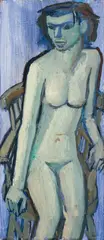 Karl Hubbuch, Akt auf Stuhl, Circa 1955, Oil on fibreboard