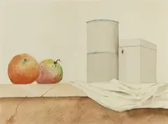 Franz Radziwill, Stillleben mit zwei Dosen und zwei Äpfeln, Circa 1950, Watercolour over pencil preliminary drawing on drawing paper