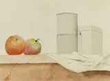 Franz Radziwill, Stillleben mit zwei Dosen und zwei Äpfeln, Circa 1950, Watercolour over pencil preliminary drawing on drawing paper