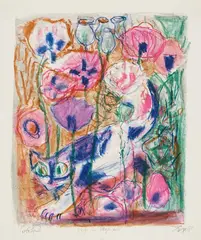 Otto Dix, Katze im Mohnfeld, 1968, Colour lithograph on wove paper with "RIVES" watermark