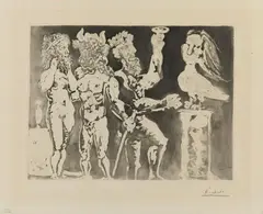 Pablo Picasso, Chez la Pythie-Harpye. Homme au masque de minotaure et femme au masque de sculpteur, 1934, Aquatint etching on laid paper by Montval with "Picasso" watermark