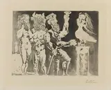 Pablo Picasso, Chez la Pythie-Harpye. Homme au masque de minotaure et femme au masque de sculpteur, 1934, Aquatint etching on laid paper by Montval with "Picasso" watermark