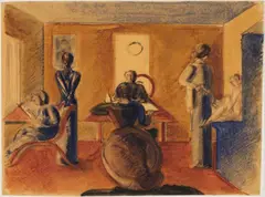Oskar Schlemmer, Raum mit sieben Figuren, 1937, Oil over pencil drawing on oil paper