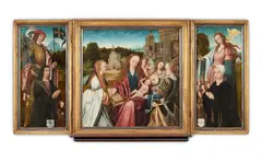Flemish School around 1520, Central panel: Mary and the Child, angels playing music, and two female saints. Left side panel: Saint George with a male patron. Right side panel: Saint Ursula with a female patron., Oil on panel. Central panel