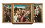 Flemish School around 1520, Central panel: Mary and the Child, angels playing music, and two female saints. Left side panel: Saint George with a male patron. Right side panel: Saint Ursula with a female patron., Oil on panel. Central panel