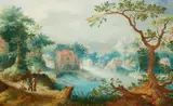 attributed to Christoffel van den Berghe, Flemish landscape with watermill and other buildings, Oil on panel