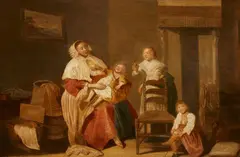 Dirck Hals, Interior scene with a mother and her children, Oil on panel (parquetted)