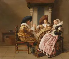 Dirck Hals, A small group gathered around a fireplace, Oil on panel (parquetted)