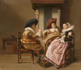 Dirck Hals, A small group gathered around a fireplace, Oil on panel (parquetted)