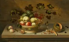 Jean Bouman, Still Life with Fruit Basket, Nuts and a Sliced Melon, with a Mouse on the Table, Oil on panel