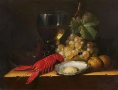 Joris van Son, Still life with a lobster, wine glass, grapes, nuts, and oyster on a tabletop, Oil on canvas (relined)