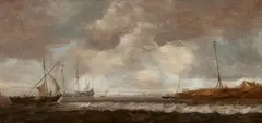 Jan van Goyen, Coastal landscape with sailing ships on turbulent seas, Oil on panel