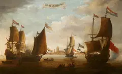 Jan van Leyden, Ships before Rotterdam (Dit is Rotterdam), Oil on panel (parquetted)