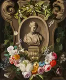 Garland of flowers and butterflies around a stone female bust by Gaspar Peeter Verbruggen the Elder Frans Ykens, Oil on canvas (relined), sold May 2026