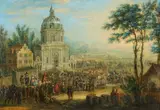 Town fair with a theatre performance by Carlo Leopoldo (Charles-Leopold) Grevenbroeck, Oil on engraved copper plate, sold May 2026