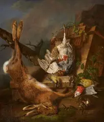 Charles Antoine Clevenbergh, Hunting still life with a hare and birds, Oil on canvas (relined)