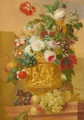 Willem van Leen, Flowers in a vase with a relief of Bacchantes, Oil on canvas (relined)