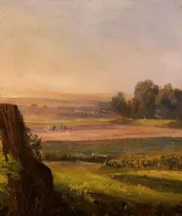 Vast landscape, a treestump in the foreground by Christian Friedrich Gille, Oil on paper, mounted on canvas, sold May 2026