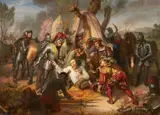 The death of Elector Moritz of Saxony at the Battle of Sievershausen by Carl Christian Vogel von Vogelstein, Oil on canvas, sold May 2026