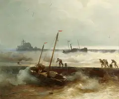 Andreas Achenbach, Ships on a stormy coast, Oil on panel