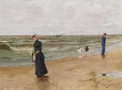 Franz Skarbina, Beach scene, Oil on panel