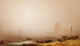 Friedrich Preller the Younger, Harbour and beach scene in morning mist, Oil on canvas